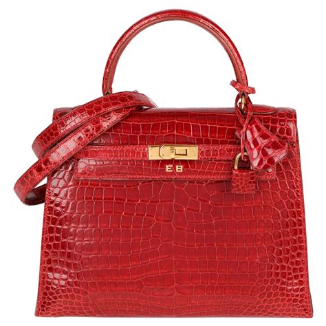 Hermès Vintage Rouge Vif Shiny Porosus Crocodile Kelly 32 